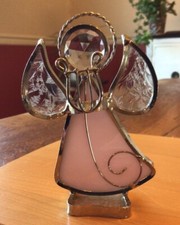 Stained Glass Angel With Harp  Frosted Wings  Pink Skirt  Sun Catcher