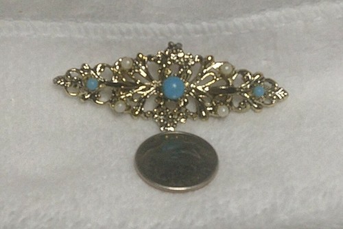 Signed Gerry's vintage gold plated filigree bar brooch Aqua bead and faux pearls - Picture 3 of 5