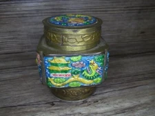 Brass incense container with cloisonne dragon design around the edge         Z52