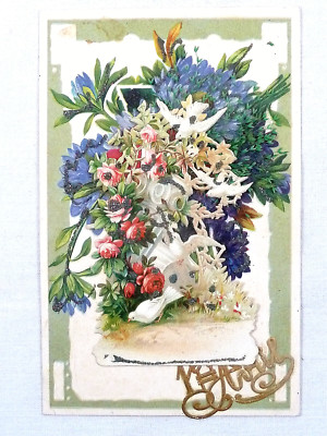 Postcard - April 1, hinged card, bouquet of flowers with doves, embossed, used Circa 1910 (B54)