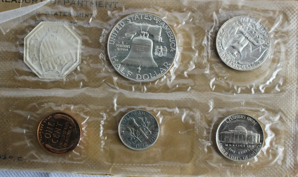 1956 US Proof Set 5 Coin Set 3 Silver Coins 1c-50c In Cello Sleeve with Envelope - Image 3 of 4