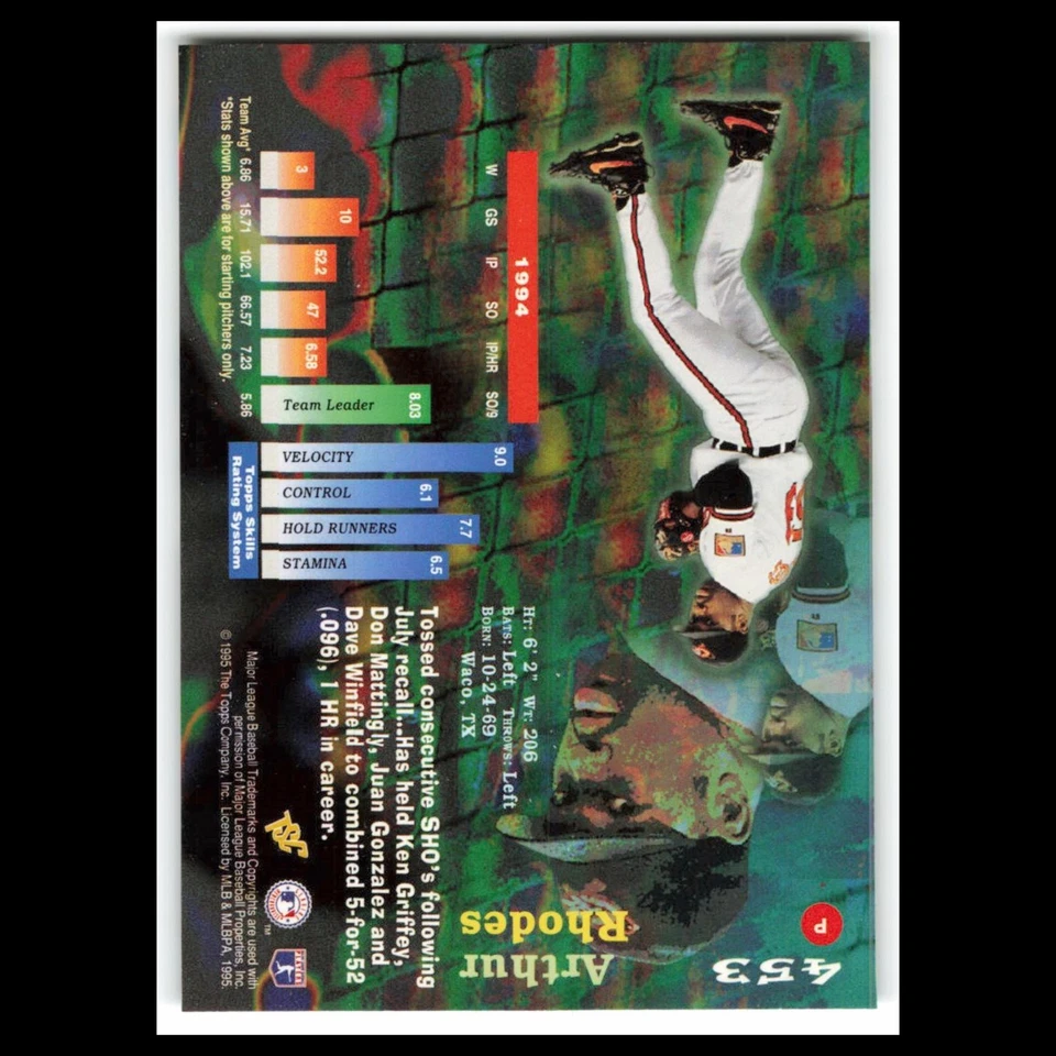 Tarjeta de béisbol Arthur Rhodes #453 1995 Topps Stadium Club Baltimore Orioles MLB Foto 2 de 3