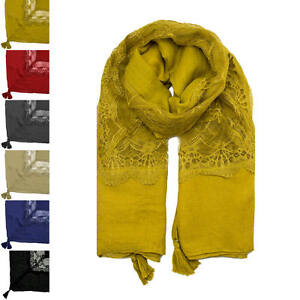 Woman Fashion Lace Plain Tassels Soft Square Cotton Autumn Winter Warm Scarf UK