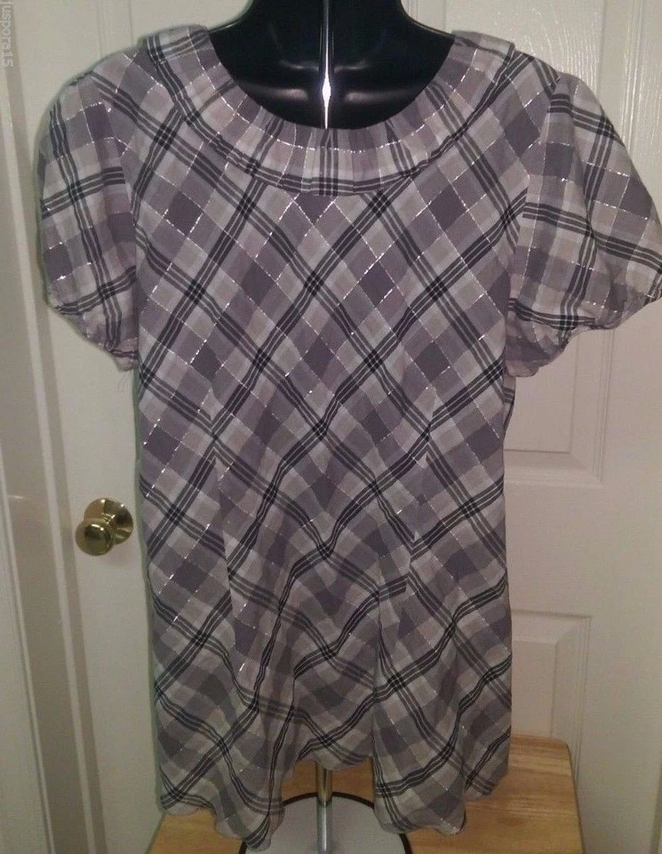 Blusa Camisa Top Venezia Mujer Talla 18/20 18W/20W Negra Marrón Blanca Plata Cuadros Foto 3 de 3