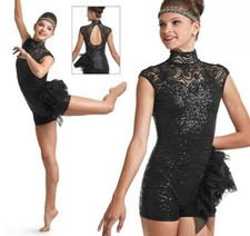 Black Sequin Lace High-Neck Biketard Romper Dance Costume with Ruffle Accent