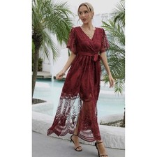 Eleter Burgundy Lace Maxi Dress Romper Lining V-Neck Floral Embroidered Small