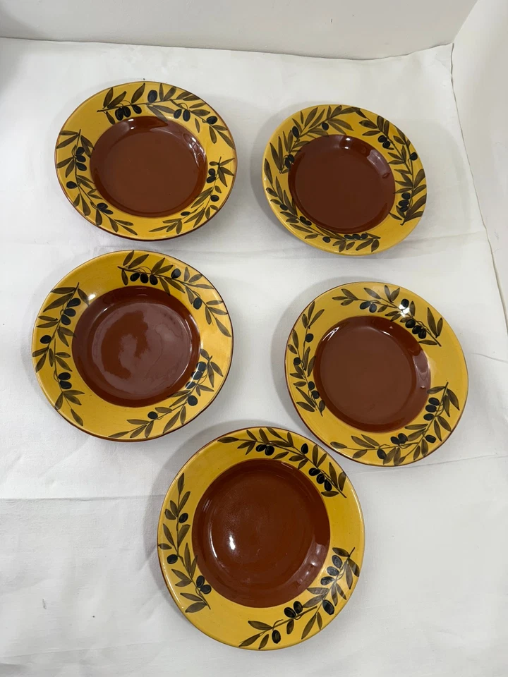 Juego de 5 Platos de Cena Italianos Pintados a Mano - Diseño Hoja de Olivo Amarillo y Marrón 9" Foto 4 de 4