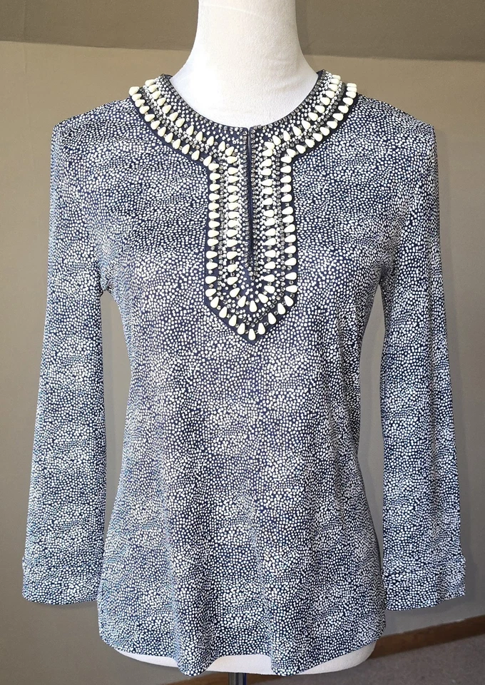 Blusa Tory Burch Seda Adornada con Cuentas S Azul Blanco Estampado Elegante Elegante Top Foto 3 de 4