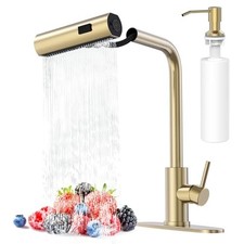 Gold Kitchen Faucet Pull Down Sprayer Soap Dispenser Stainless Steel Single Hole