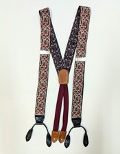 Vintage Cole Haan Suspenders Paisley Silk Black Leather Braces USA