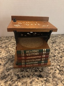Vintage 1970’s  Cast Iron School Desk Wood Coaster Set of 6 - School Daze Enesco