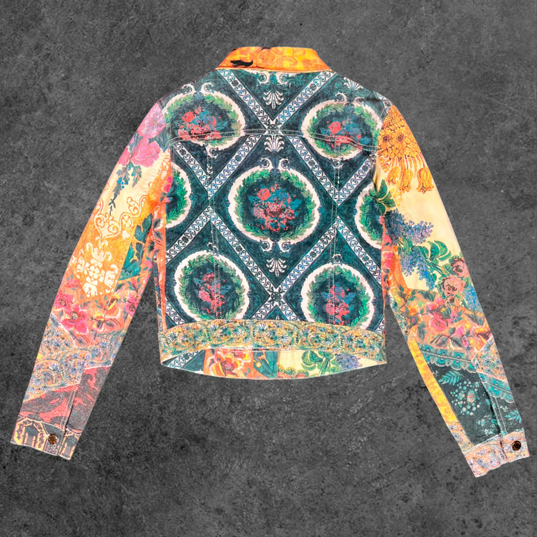 Roberto Cavalli 2003 Printed Denim Jacket Jeans Set Multicolor Floral Patchwork image 4