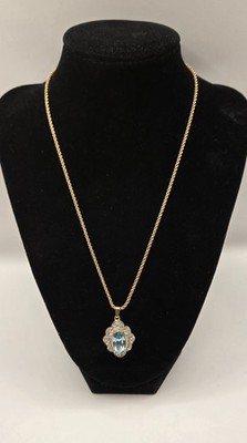 Puccini Bijoux Gold Tone Aqua Topaz Blue Color Pendant Necklace Art Deco Style
