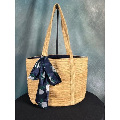 Draper James Straw Tote Bag Tan Woven Beach Bag with Navy Floral Scarf Accessory