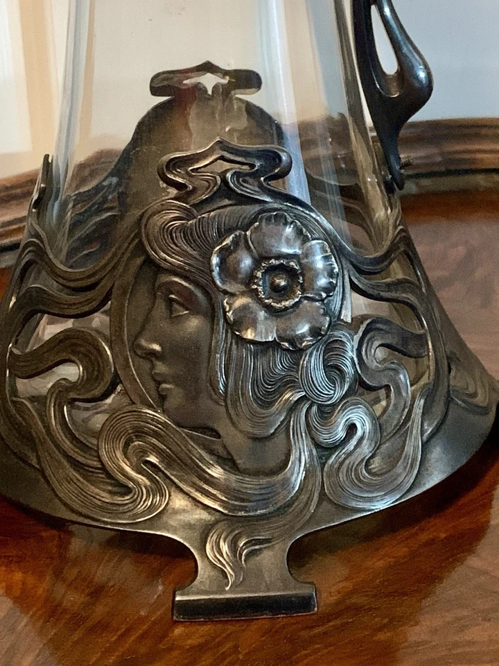 JARRA DE LICOR DE CRISTAL TRANSPARENTE JUGENDSTIL / ART NOUVEAU WMF con MONTAJE EN PLACA PLATEADA Foto 4 de 4
