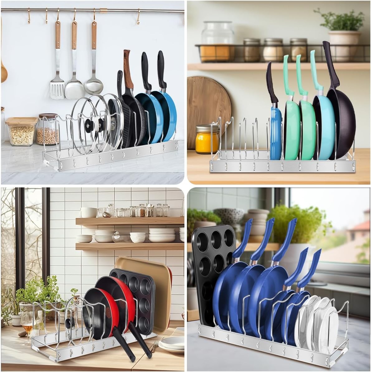 Adjustable Pot Lid Organizer Rack for Kitchen Cabinet Pots Pans Boards