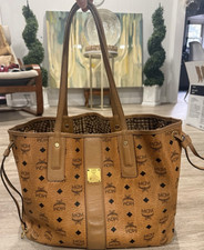 MCM Cognac Brown Logo Tote Bag Gold Hardware Double Handles Open Closure