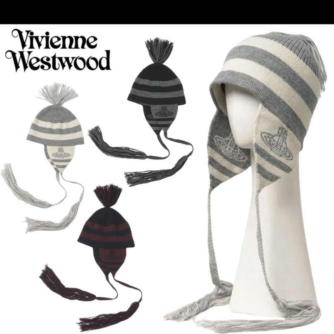 帽子 Vivienne Westwood ORB KNIT FLAP WATCHCAP Vivienne Westwood Flap Knit Hat cap orb logo gray white