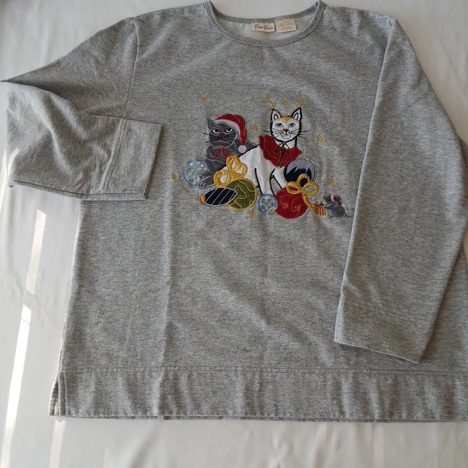 Moletom Bobbie Brooks gato L cinza anos 90 Natal gatinho bordado vovó - Imagem 2 de 4