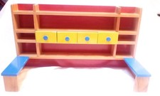 Kaufmannsladen Holz blau/rot/gelb/Holzfarben ca 47x18x27 cm mir 4 Schubfächer