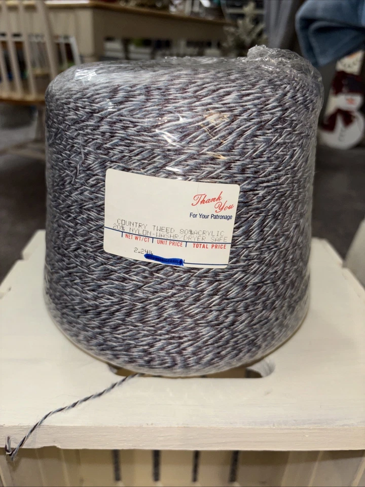 2 Vintage Yarn Spool Cones Acrylic Nylon Country Tweed 2.24 Lb Each Blue White - Image 2 of 4