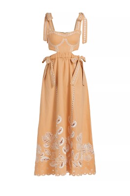 farm rio beige dress farm rio Open-back Scalloped Broderie Anglaise Linen-blend Midi Dress