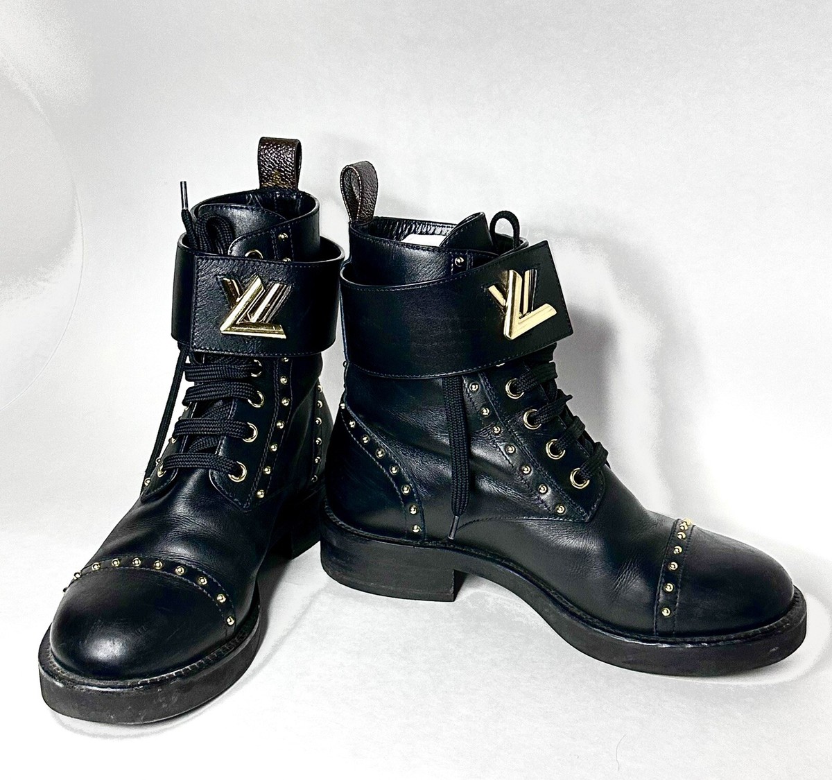 Louis Vuitton Black Leather Wonderland Ranger Combat Boots