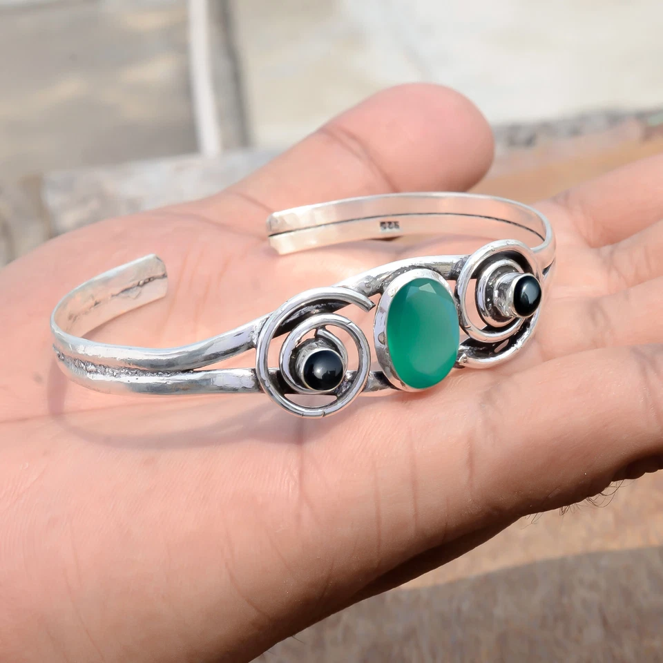 Brazalete Brazalete Regalo Sorpresa Plata Esterlina 925 Piedras Preciosas Ónix Verde y Ónix Negro Foto 3 de 4