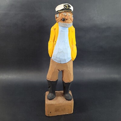 HAND CARVED Wood SAILOR Cap'n Gil FIGURINE 12  Tall Fisherman Pipe Signed 1982