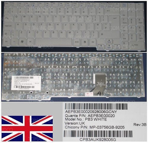 Clavier Complet QWERTY UK Blanc Pour Packard Bell EasyNote SB88 – Réf. AEPB3E00020, MP-03756GB-9205 (Neuf, Ouvert)