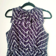 Banana Republic Navy Blue Dress 8 Ruffle Chevron Animal Print Front Button Up