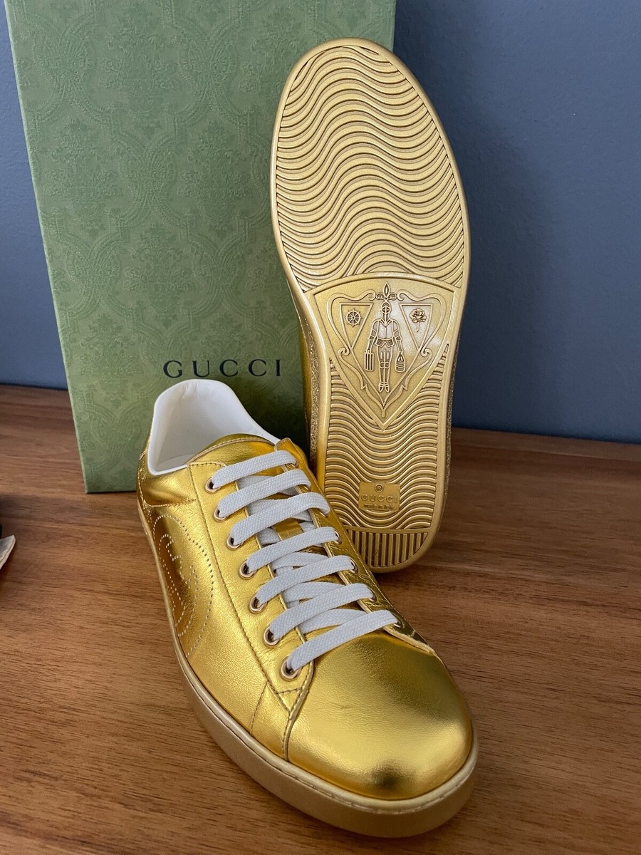 Gucci Women's 661035 ACE Metallic Gold Leather Sneakers Size Gucci Women's 661035 ACE Metallic Gold Leather Sneakers Size