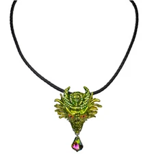 Kirks Folly Dragon Glass Pin Pendant Cord Necklace silvertone