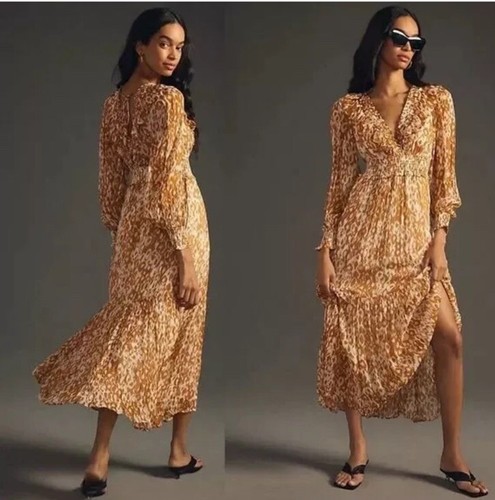 Anthropologie The Odetta Ruffled V-Neck Dress honey color Size Large New
