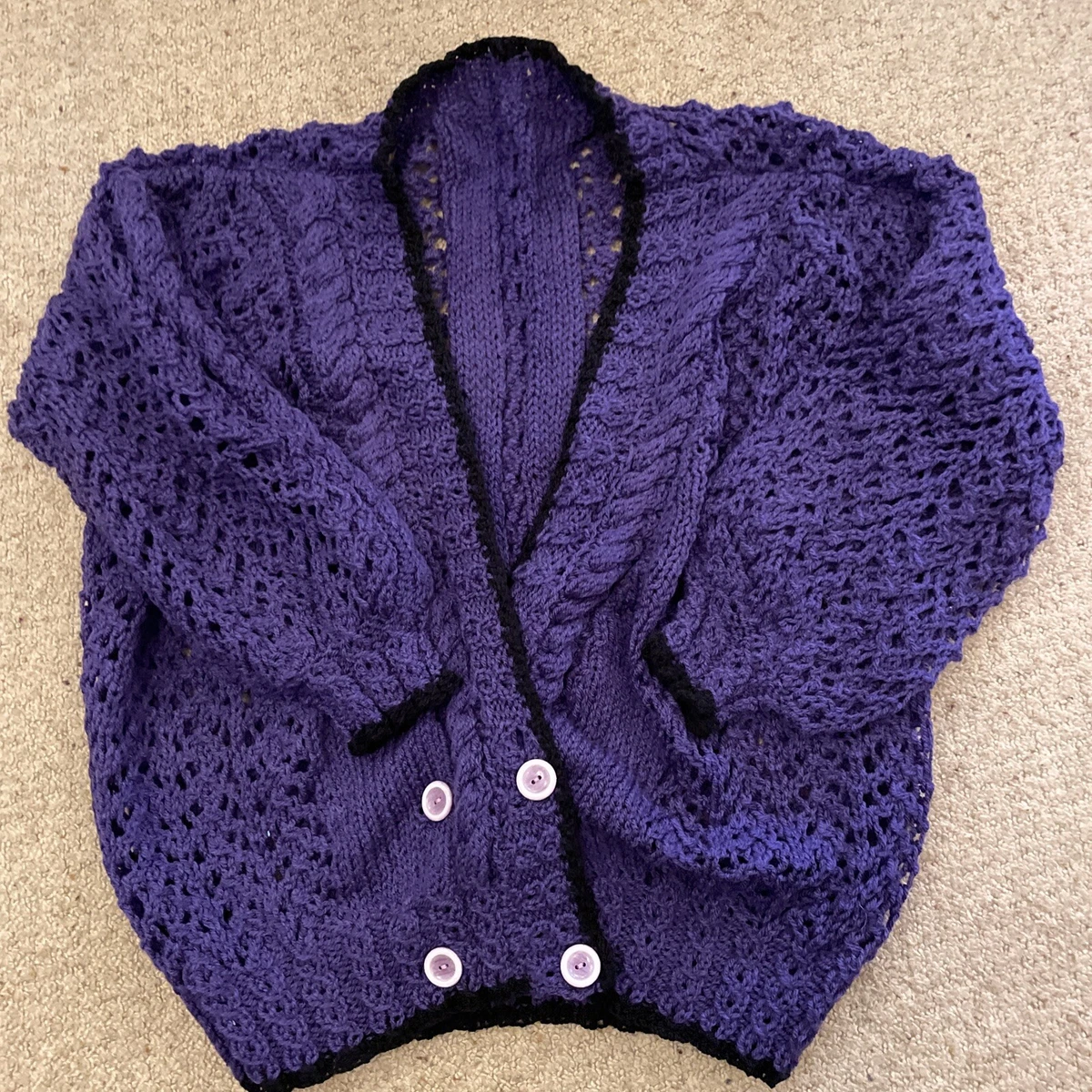 Ladies Handmade Size L Purple Black trim 3 4 sleeve Loose knit