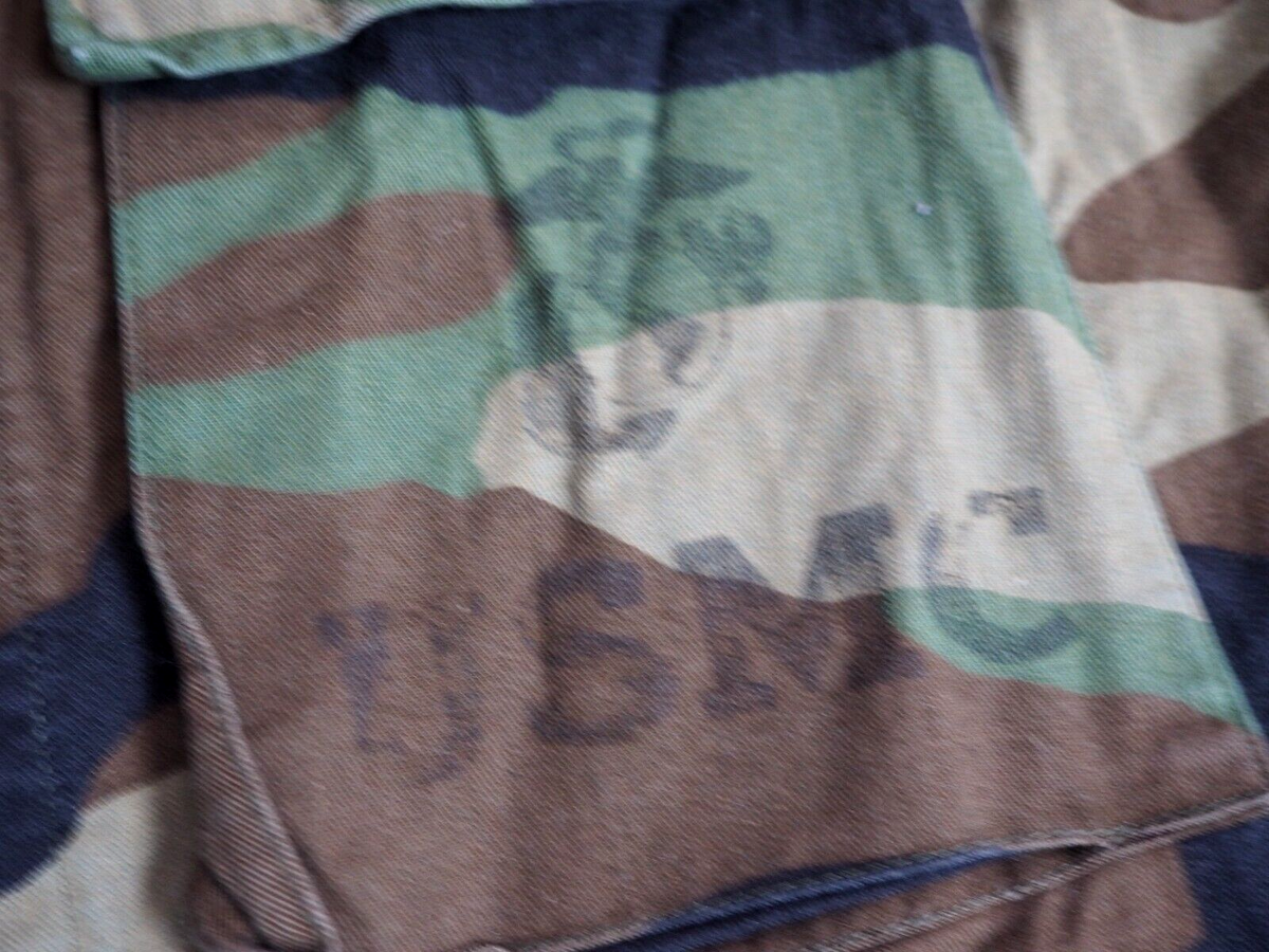 VTG 80s US Military BDU USMC Stencil Marines Woodland Camo Button 