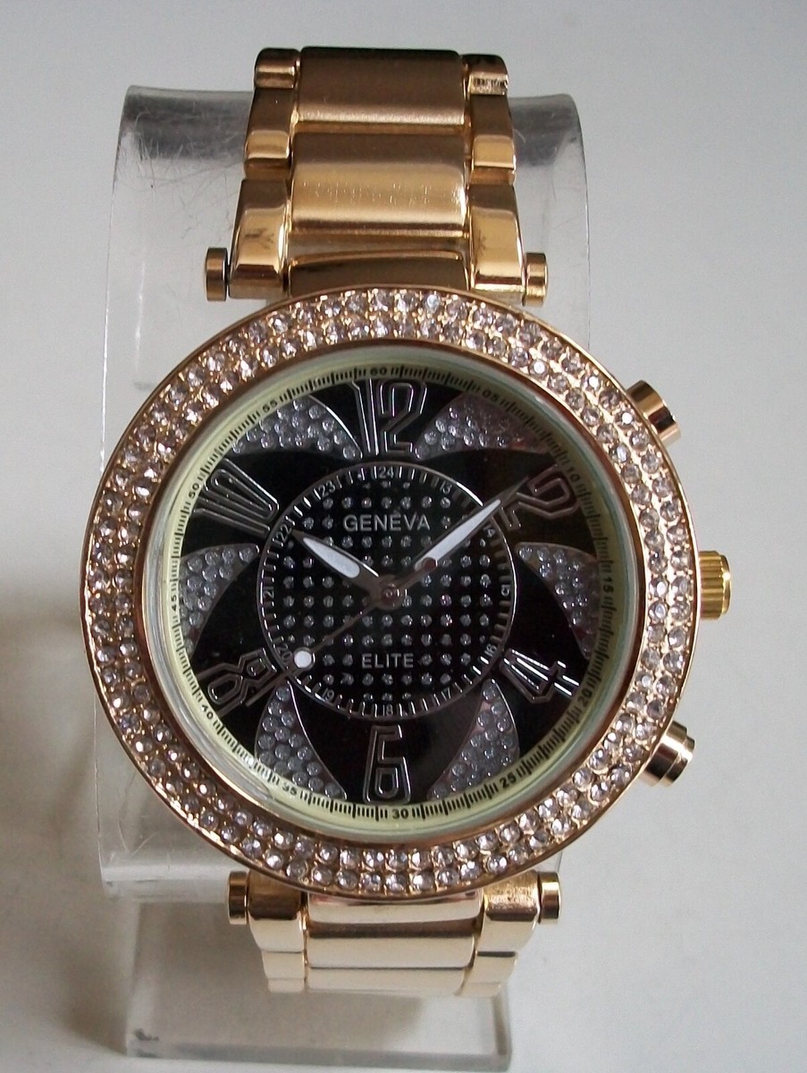 Designer Womens Gold Rhinestones Stainless Steel Black Watch Accessories | Designer Womens Gold Rhinestones Stainless  main image 2