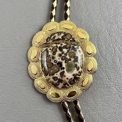 Bolo Tie Oval Leopard Skin Jasper Gold Tone Brown Rope Mens Womens Unisex 