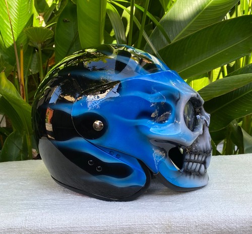 Custom Motorcycle Helmet Blue Flames Airbrush 3D Skull Ghost Rider Helmet - Picture 5 of 12
