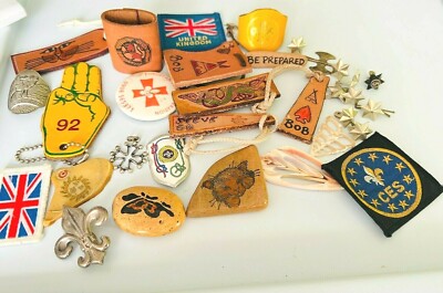 Boy Scouts Job lot Woggles leather Tags Painted pebbles Badges etc 20 + items 