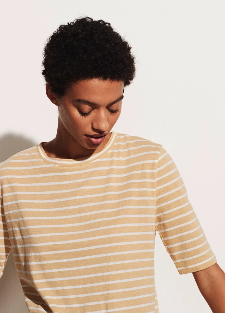 Vince Women's T-Shirt Stripe Short Sleeve Crew Tan/Off white