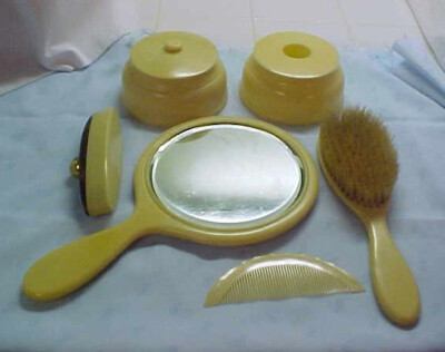 Vtg Art Deco Creamy Ivory Celluloid Vanity Dresser Set Mirror Brush Jars Comb