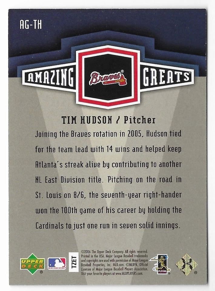 2006 Upper Deck Amazing Greats Gold #AG-TH Tim Hudson /699 Braves Baseball Card - Image 2 of 2