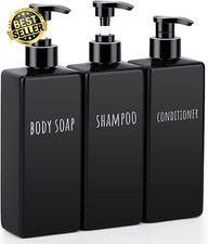 3 Pcs 500ml Black Shampoo Bottles w/ Waterproof Labels Refillable Pump Dispenser