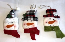 Stuffed Felt Snowman Head with Hat & Scarf Xmas Ornaments 5" Set of 3
