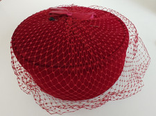 Vintage Union Made 1950s Burgundy Red Pillbox Women s Hat with Netting Bow