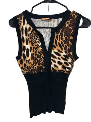 Belldini Leopard Print Ribbed Knit Sleeveless Top Size Large Statement Mob Wife