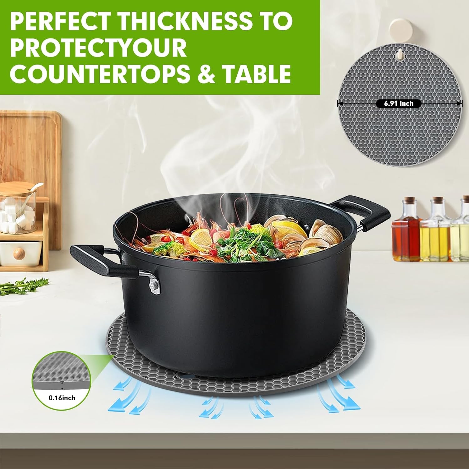 4 PCS Premium Silicone Trivet Mats, Food Grade Silicones, BPA Free, Dark Gray 