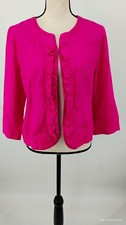 NEW Kim Rogers 100 Linen Blazer Jacket Pink 3/4 Sleeve Ruffle Front Lined M