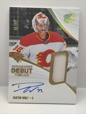 DUSTIN WOLF 2023-24 UD ULTIMATE DEBUT THREADS PATCH FLAMES AUTO AUTOGRAPH #18/99